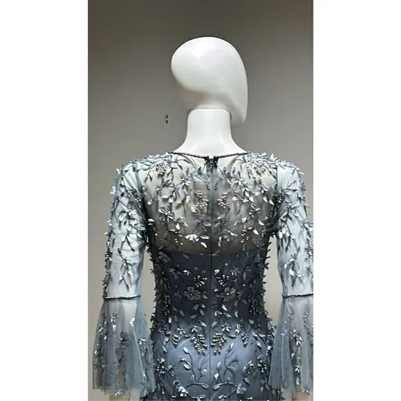 Theia Flounce Sleeve 3-D Embroidered and Beaded  Dusty Blue Gown Size 2 - Picture 13 of 14